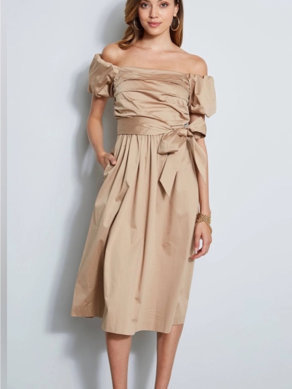 Elie Tahari Topaz Off-Shoulder Tie-Waist Midi Dress in Tan Rattan